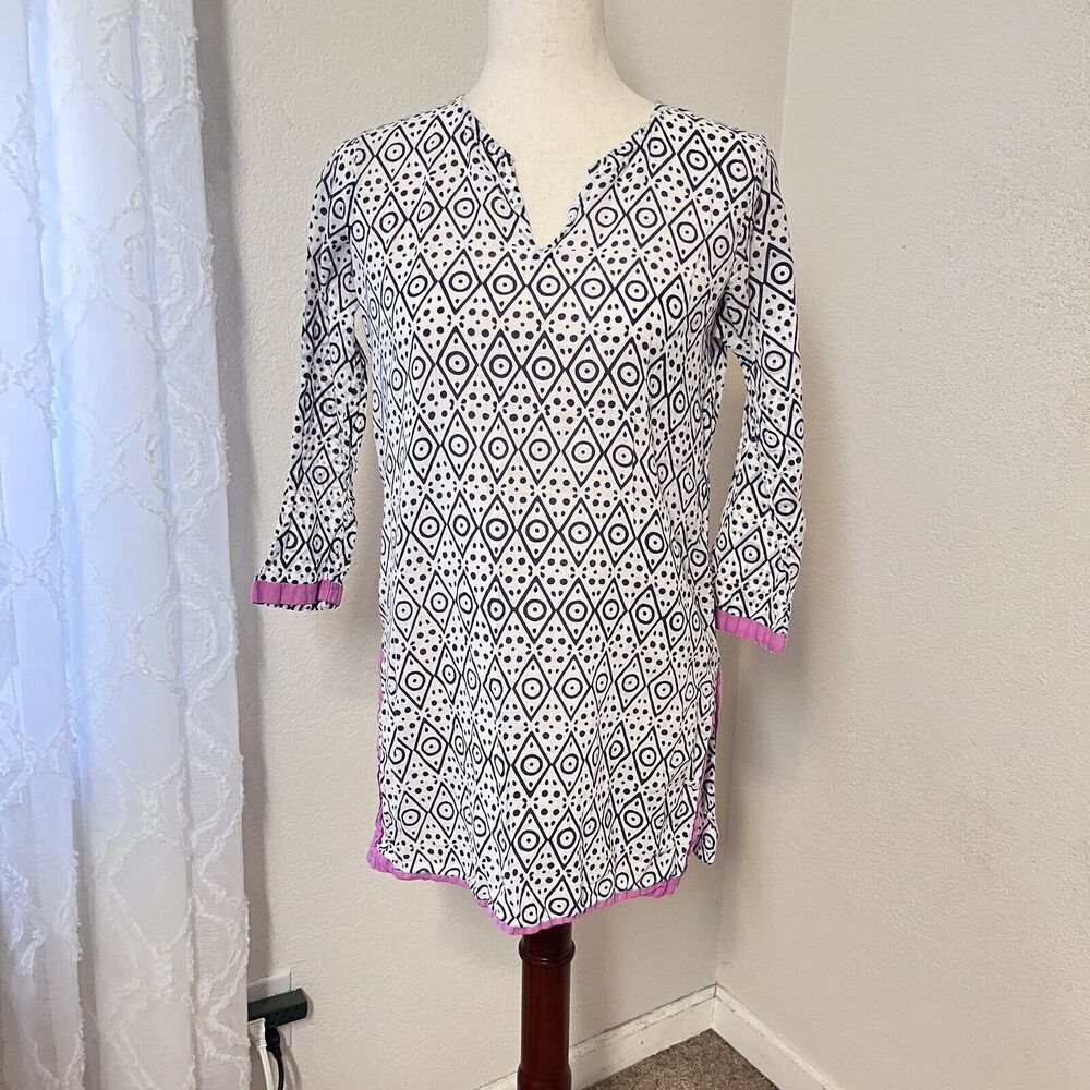 Oliphant Women Sz XS Blue Pink Printed Tunic Long Sleeve Lightweight 100% Cotton